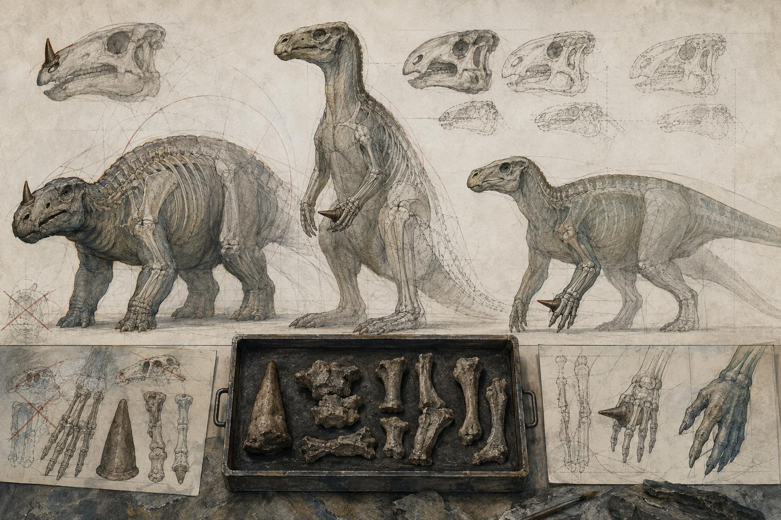 Comparative fossil reconstruction study showing dinosaur skeletons, body forms and recovered bones