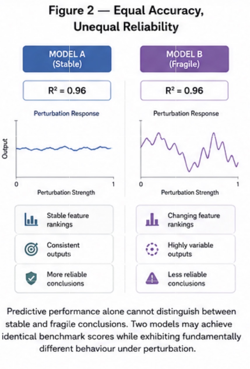 Figure 2 from Accuracy Is Becoming a Commodity. Equal predictive scores can conceal materially different behaviour under perturbation.