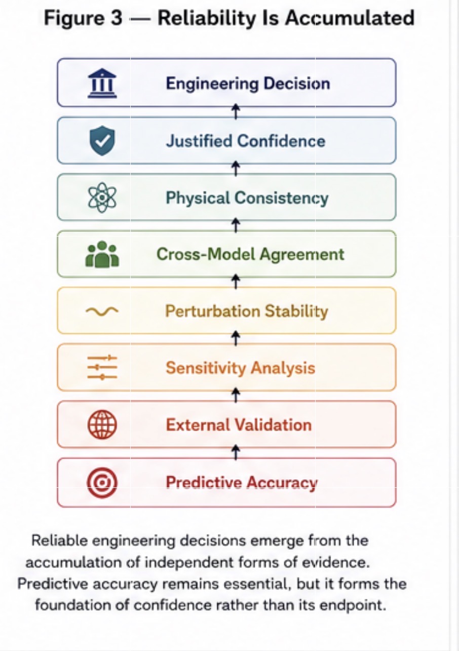 Figure 3 from Accuracy Is Becoming a Commodity. Reliable engineering decisions accumulate several independent forms of evidence; accuracy is a foundation, not the endpoint.
