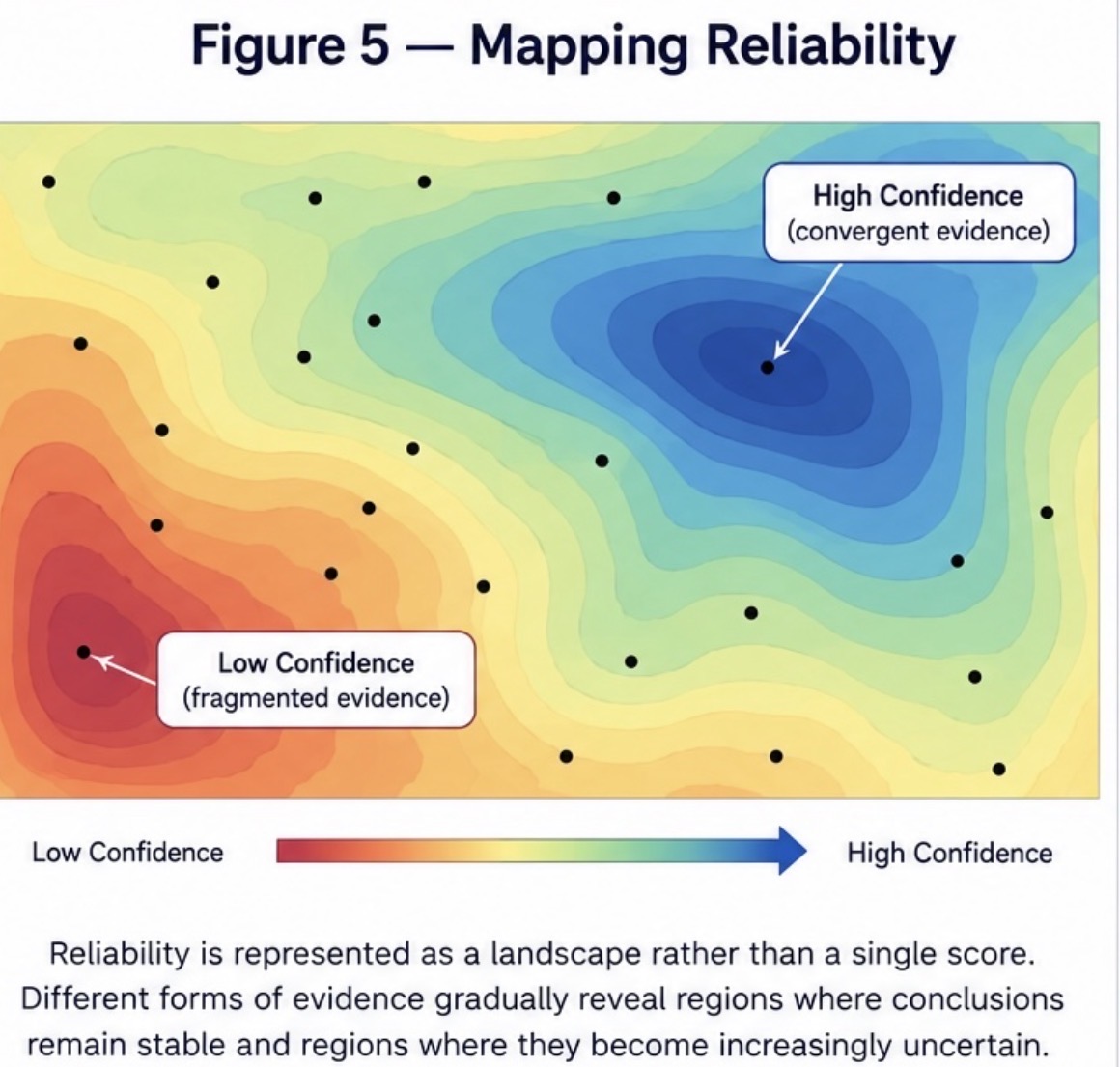 Figure 5 from Accuracy Is Becoming a Commodity. Reliability is represented as a landscape in which evidence converges or fragments, not as one universal score.